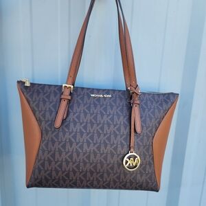 New Michael Kors Coraline Brown MK Monogram Tote with Tan Trim